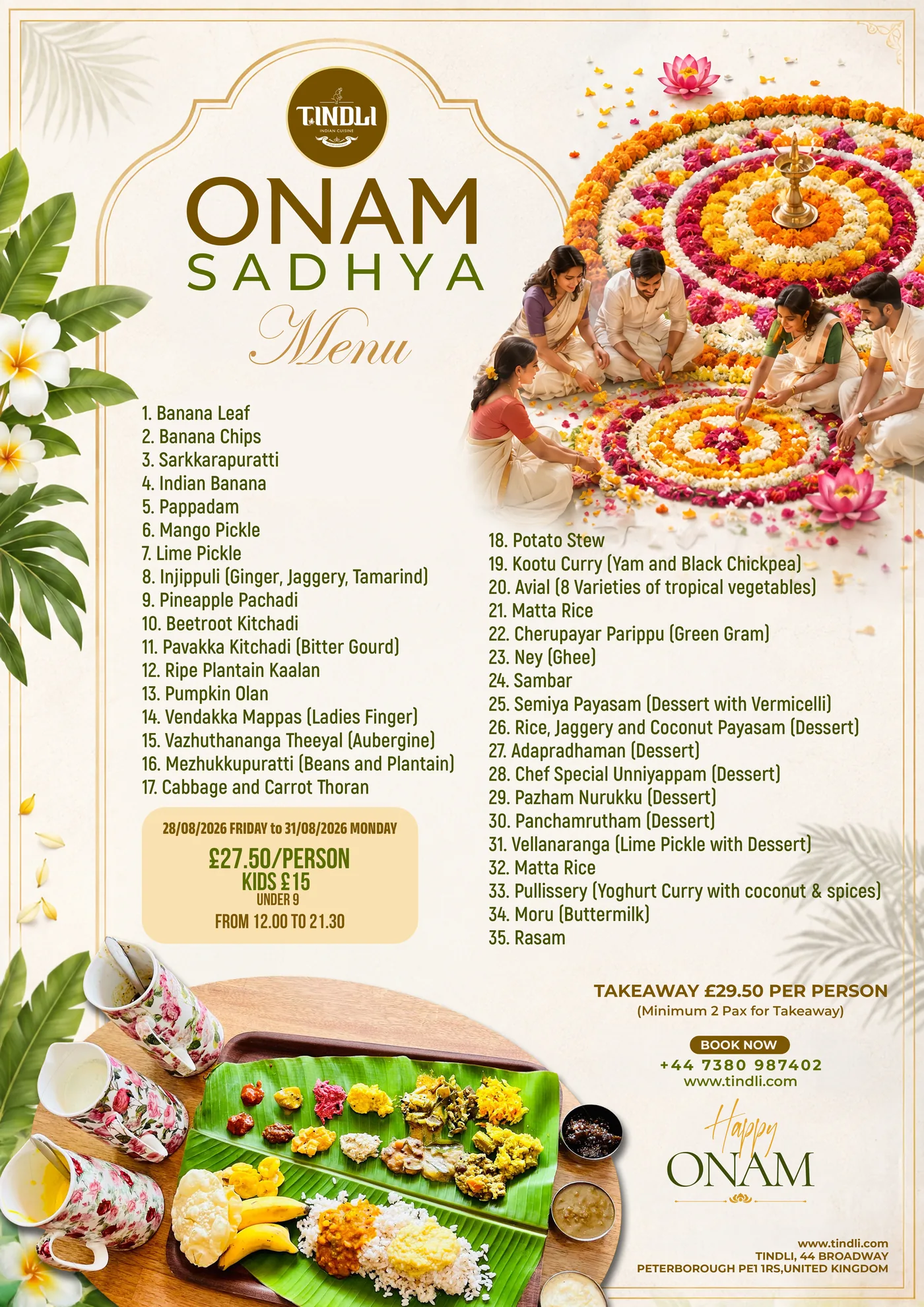 Onam Sadhya menu 2026 Peterborough — traditional Kerala feast